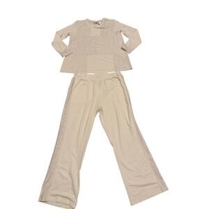 LOGO Lori Goldstein LIFE 2Pc Lounge Set Cream Patchwork Top & Pants Lace Trim